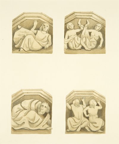 Cuatro ménsulas en el pórtico norte (originalmente soportando estatuas) de St Mary Redcliffe de Joseph Manning