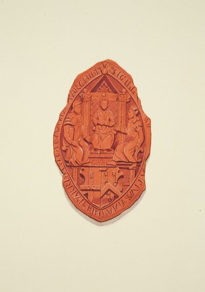Frente del Sello de Matthew Parker, Arzobispo de Canterbury, al Testamento de Thomas Alyce, Comerciante de Joseph Manning
