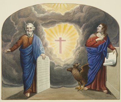 Ventana pintada sobre el altar de la Iglesia de Cristo, mostrando a Moisés y San Juan Evangelista de Joseph Manning