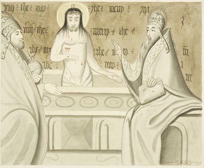 Pintura en piedra encontrada en un confesionario en el pasillo norte de San Marcos, mostrando a Cristo resucitado y dos obispos de Joseph Manning