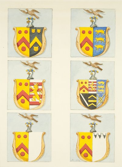 Seis escudos de armas en vitrales en las naves norte y sur (extremo este) de la Catedral de Bristol de Joseph Manning