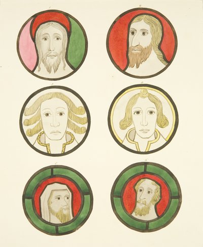 Seis cabezas en vitrales al norte y sur del coro en la catedral de Bristol de Joseph Manning