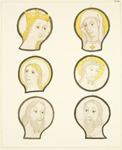 Seis cabezas en vitrales al sur del coro en la Catedral de Bristol de Joseph Manning