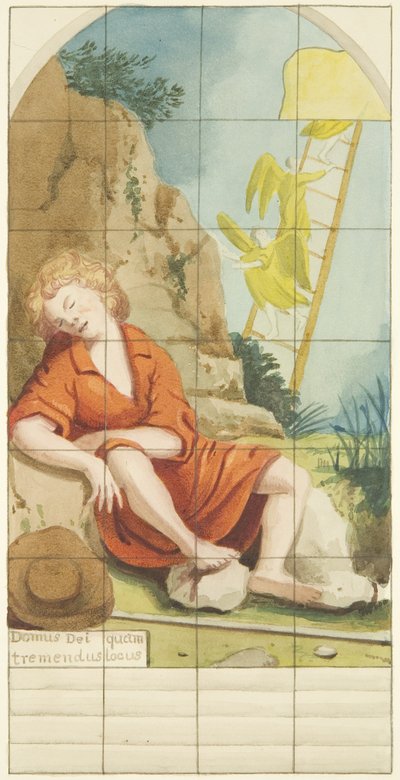 Vidriera en el extremo este del pasillo sur de la Catedral de Bristol mostrando la Escalera de Jacob de Joseph Manning