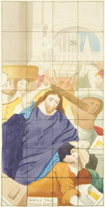 Vitral en el extremo este del pasillo sur de la Catedral de Bristol mostrando compradores y vendedores en el Templo de Joseph Manning