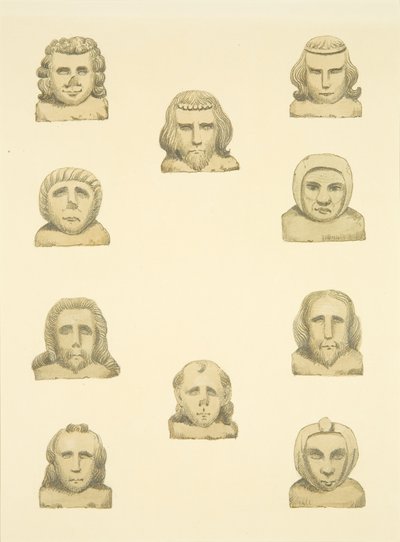Diez cabezas en el friso alrededor del pórtico norte de St Mary Redcliffe de Joseph Manning