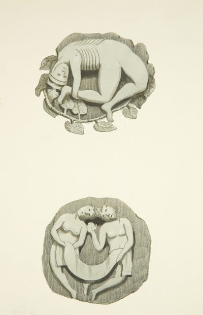 Dos piedras de bóveda en el techo al entrar por la puerta norte de la Catedral de Bristol de Joseph Manning