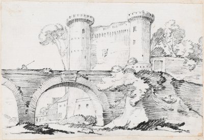 Un puente de piedra y la entrada fortificada a una ciudad de Joseph Marie Vien