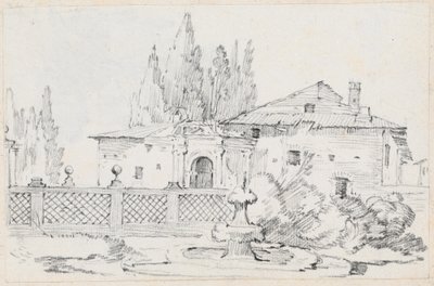 Casa y árboles al otro lado de un muro de jardín de Joseph Marie Vien