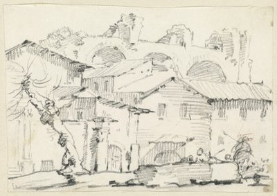 Casas en el lado norte del Foro con la Basílica de Majencio al fondo de Joseph Marie Vien