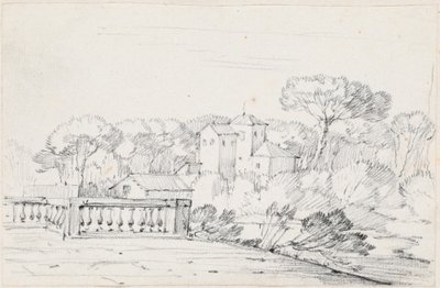 Terraza junto a un río con una villa y árboles al fondo de Joseph Marie Vien