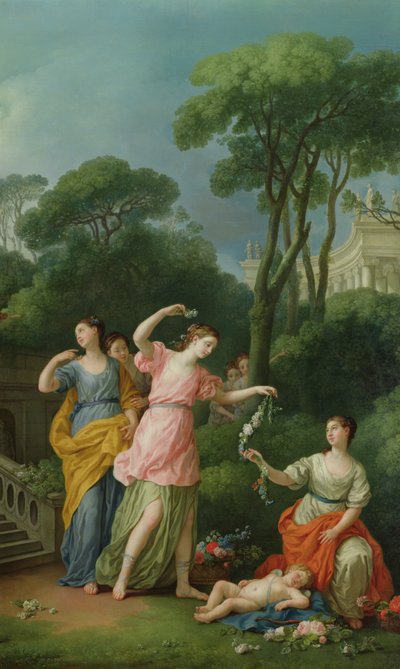 Jóvenes Griegas Adornando a un Cupido Dormido con Flores, 1773 de Joseph Marie Vien