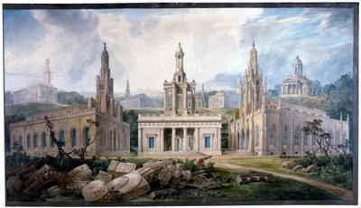Un grupo de iglesias, diseñadas por Sir J. Soane para ilustrar diferentes estilos arquitectónicos de Joseph Michael Gandy
