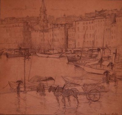 Escena del puerto, día de lluvia (lápiz) de Joseph Milner Kite