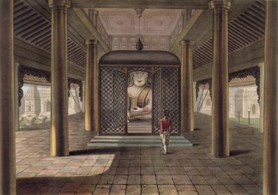 Un soldado de pie en un templo de Rangún, grabado por George Hunt, 1825 de Joseph Moore