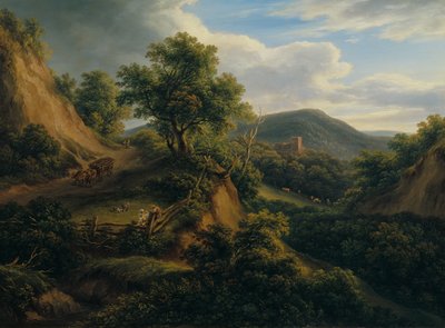 Paisaje boscoso de montaña con ruinas de Joseph Mössmer