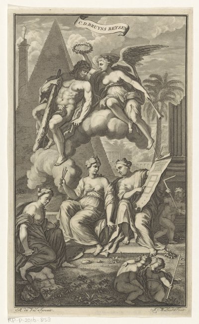 Hércules coronado por Victoria CD. Bruyns Reysen (título sobre objeto) Página de título para: Cornelis de Bruyn, Reizen, 1698 de Joseph Mulder