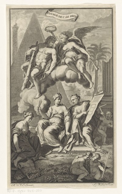 Hércules coronado por Victoria Voyage de C. le brun (título del objeto) Página de título para: Cornelis de Bruyn, Voyage au Levant, 1700 de Joseph Mulder