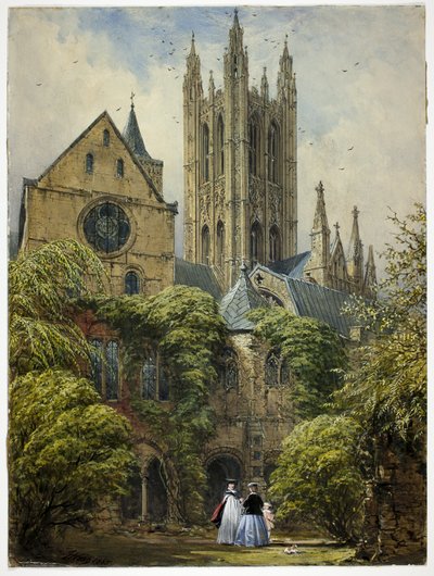 Profesor, mujer, niño y perro en el recinto de la catedral de Joseph Nash