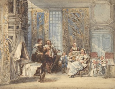 Escena con familia e invitado en un interior del siglo XVII, 1825-78 de Joseph Nash.