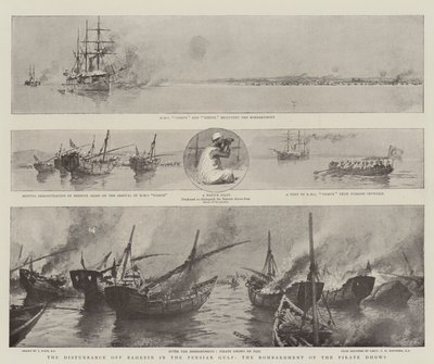 El disturbio en Bahrein en el Golfo Pérsico, el bombardeo de los dhows piratas de Joseph Nash
