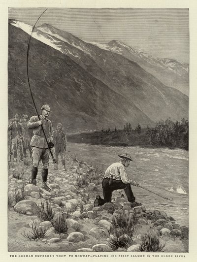 La visita del emperador alemán a Noruega, pescando su primer salmón en el río Olden de Joseph Nash