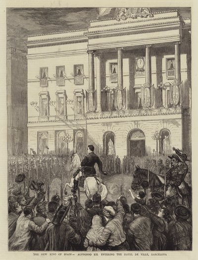 El nuevo rey de España, Alfonso XII entrando en el Hotel de Ville, Barcelona de Joseph Nash