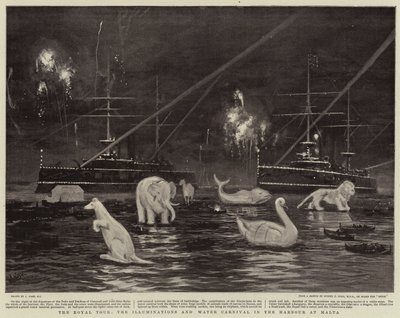 El tour real, las iluminaciones y el carnaval acuático en el puerto de Malta de Joseph Nash
