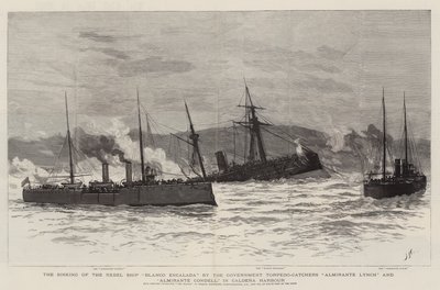El hundimiento del barco rebelde Blanco Encalada por los torpederos del gobierno Almirante Lynch y Almirante Condell, en el puerto de Caldera de Joseph Nash