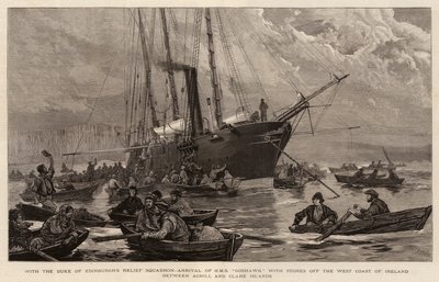 Con el escuadrón de socorro del Duque de Edimburgo, llegada del HMS Goshawk con suministros en la costa oeste de Irlanda entre las islas Achill y Clare de Joseph Nash