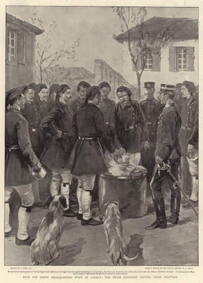 Con el Estado Mayor del Cuartel General Griego en Larissa, el Regimiento Erzon tomando su desayuno de Joseph Nash