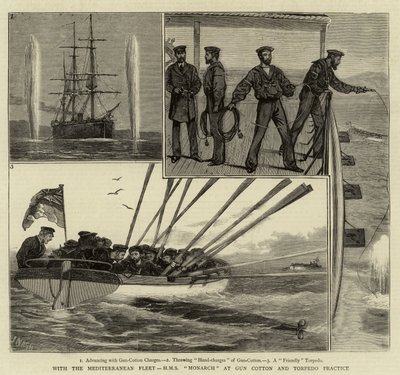 Con la flota del Mediterráneo, H.M.S. Monarch en práctica de algodón pólvora y torpedos de Joseph Nash