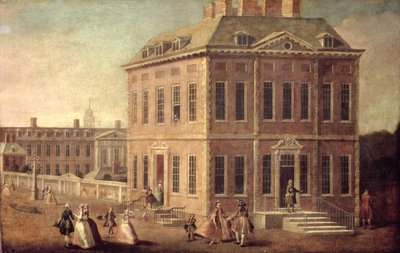 Vista de Ranelagh House y Jardines, y el Hospital de Chelsea, con figuras caminando en primer plano de Joseph Nickolls