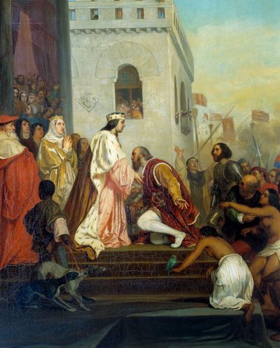 Recepción de Cristóbal Colón por los reyes de España Fernando II de Aragón e Isabel I de Castilla en Barcelona en 1493. Detalle. de Joseph Nicolas Robert Fleury