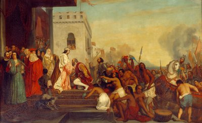 Recepción de Cristóbal Colón (1451-1506) por los reyes de España Fernando II de Aragón e Isabel I de Castilla (llamada la Católica) en Barcelona en 1493. El explorador regresa con indios cautivos. Pintura de Joseph Nicolas Robert Fleury (1797-1890) de Joseph Nicolas Robert Fleury