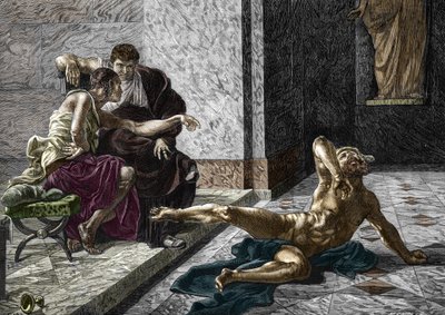 Representación del envenenador romano Locus probando al lado del emperador Nerón (37-68) un veneno destinado a su hermano Britannicus (41-55) en uno de sus esclavos, 55 Grabado según una pintura de Joseph-Noel Sylvestre (1847-1926) 1876 (Envenenador romano de Joseph Noel (after) Sylvestre