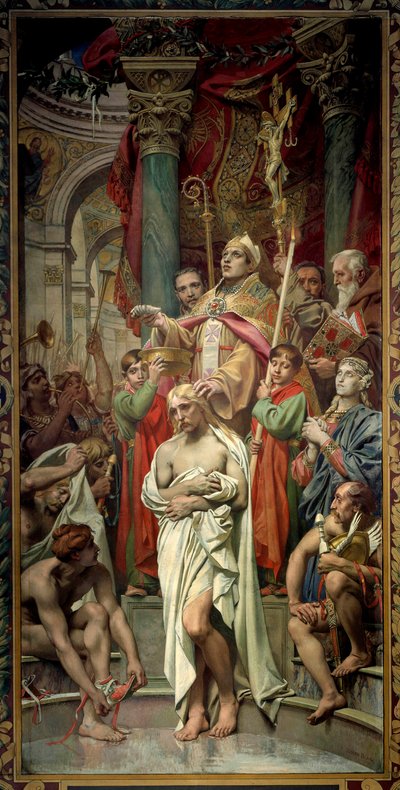 El bautismo del Rey de los Francos Clodoveo I (466-511) en Reims por el Obispo San Remigio el 25/12/496 (o 499) de Joseph Paul Blanc