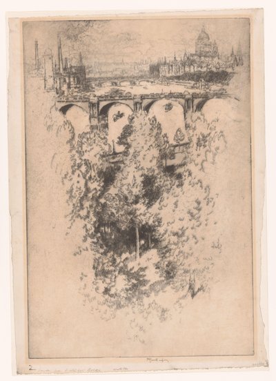 Londres sobre el puente de Waterloo (título sobre el objeto) de Joseph Pennell (signed by artist)