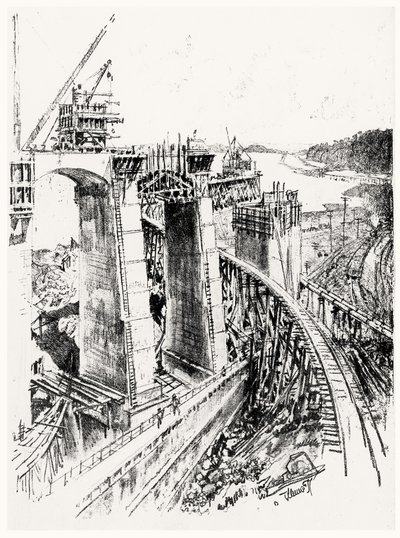 Enfoques hacia la esclusa de Gatún, lámina VI de El Canal de Panamá por Joseph Pennell, 1912 de Joseph Pennell