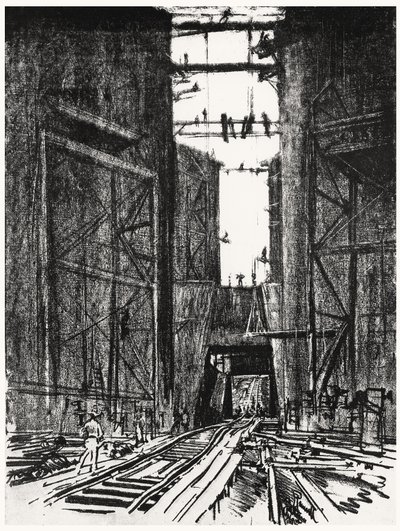 En el fondo de la esclusa de Gatún, lámina IV de El Canal de Panamá por Joseph Pennell, 1912 de Joseph Pennell