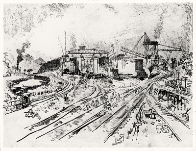 Construcción de la esclusa de Miraflores, lámina XXI de El Canal de Panamá por Joseph Pennell, 1912 de Joseph Pennell