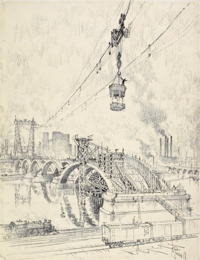 Construyendo el Puente, Minneapolis, 1915 de Joseph Pennell