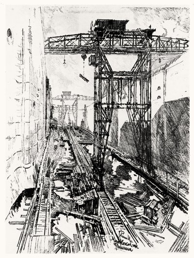 Grúas en la esclusa de Miraflores, lámina XXII de El Canal de Panamá por Joseph Pennell, 1912 de Joseph Pennell