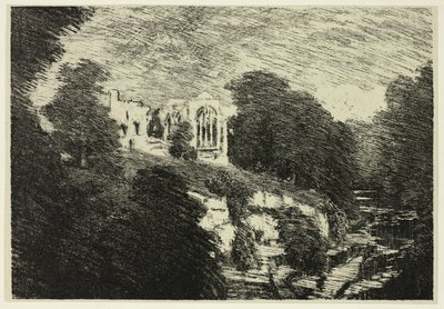Abadía de Egglestone, desde el río de Joseph Pennell