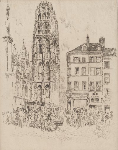 Mercado de flores y Torre de la Mantequilla, Rouen, 1907 de Joseph Pennell