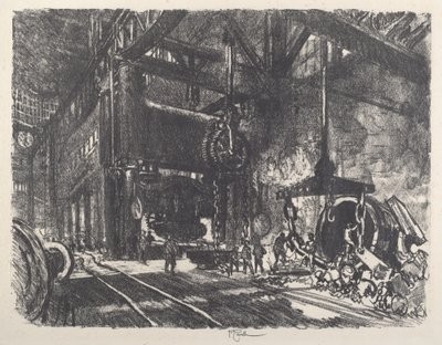 En la tierra de Brobdingnag, la prensa de doblado de placas de armadura, 1917 de Joseph Pennell