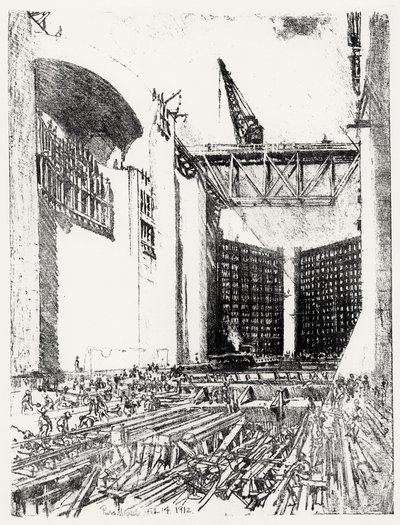 Colocación del suelo: esclusa de Pedro Miguel, lámina XVIII de El Canal de Panamá por Joseph Pennell, 14 de febrero de 1912 de Joseph Pennell