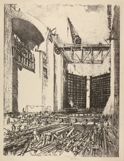 Colocación del suelo de la esclusa de Pedro Miguel de Joseph Pennell