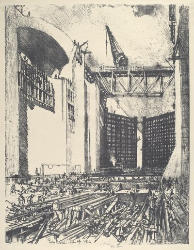 Colocando el suelo de la esclusa de Pedro Miguel, 1912 de Joseph Pennell