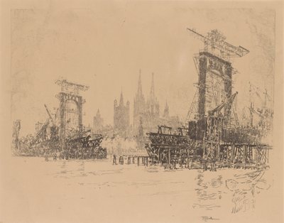 Construcción del Puente de Londres de Joseph Pennell